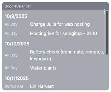 Google Calendar box showing upcoming events
